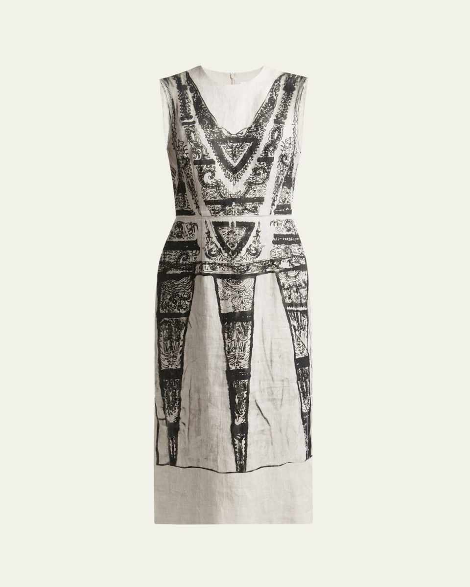 Printed Sleeveless Midi Pencil Linen Dress